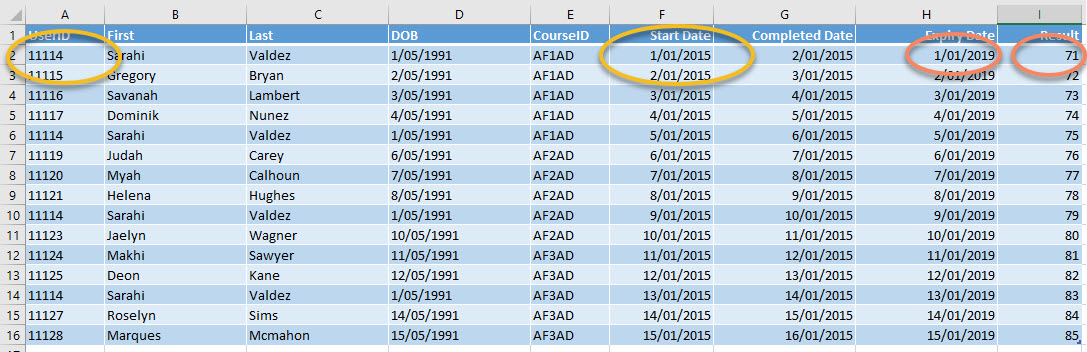 A sample of the SourceData sheet in the workbook